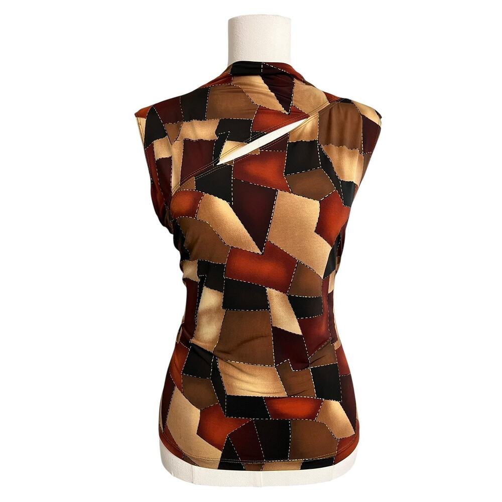 CINQ Tank Top Large Brown Geometric High Neck Sleeveless Patchwork Y2K Stretch
